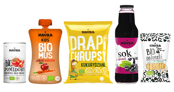 Naura – opakowania i etykiety: bio mus, chrupsy, sok i płatki (projekt graficzny)